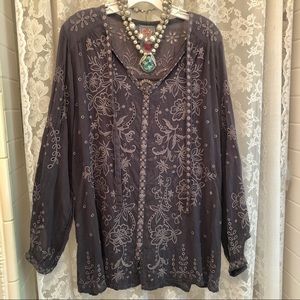 JOHNNY WAS * NWOT Charcoal Cupra Eyelet Tie-Front Tunic Top